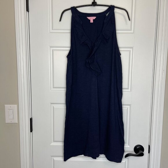 Lilly Pulitzer Shay Dress Womens Size Large Ruffle Halter Neck Cotton Modal Navy - Picture 4 of 11